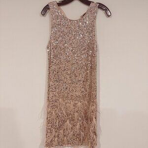 Parker Champagne Dress w/ Ombre Sequins & Feather Detail